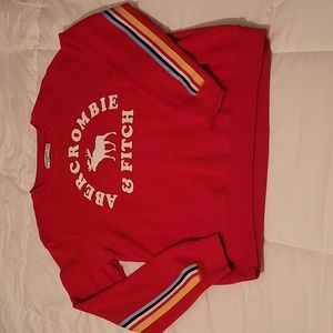 Abercrombie Kids brand red crew neck sweatshirt w/rainbow stripe sleeves